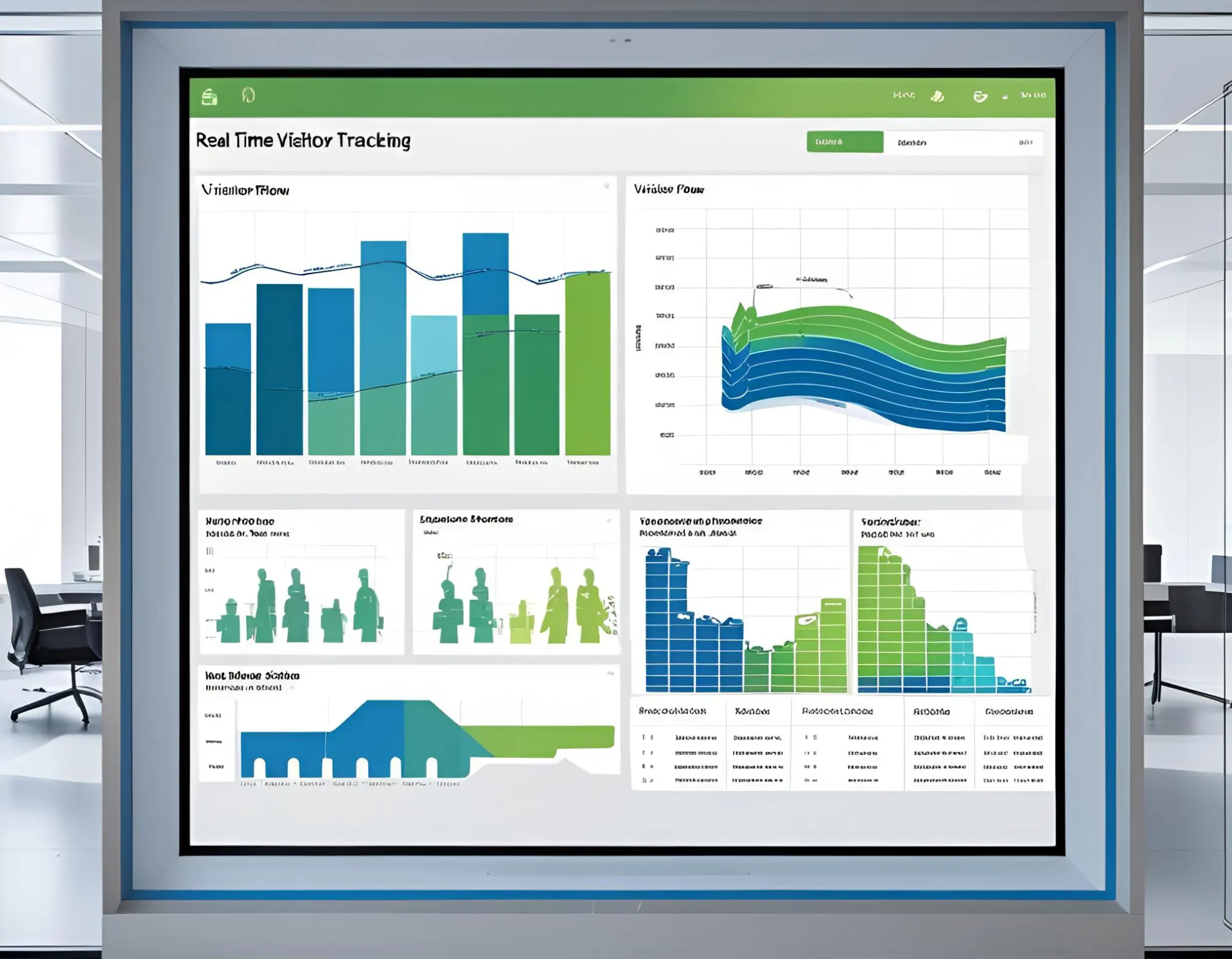 Digital dashboard displaying real-time visitor tracking and analytics in a modern office, showing visitor flow charts and segmentation data
