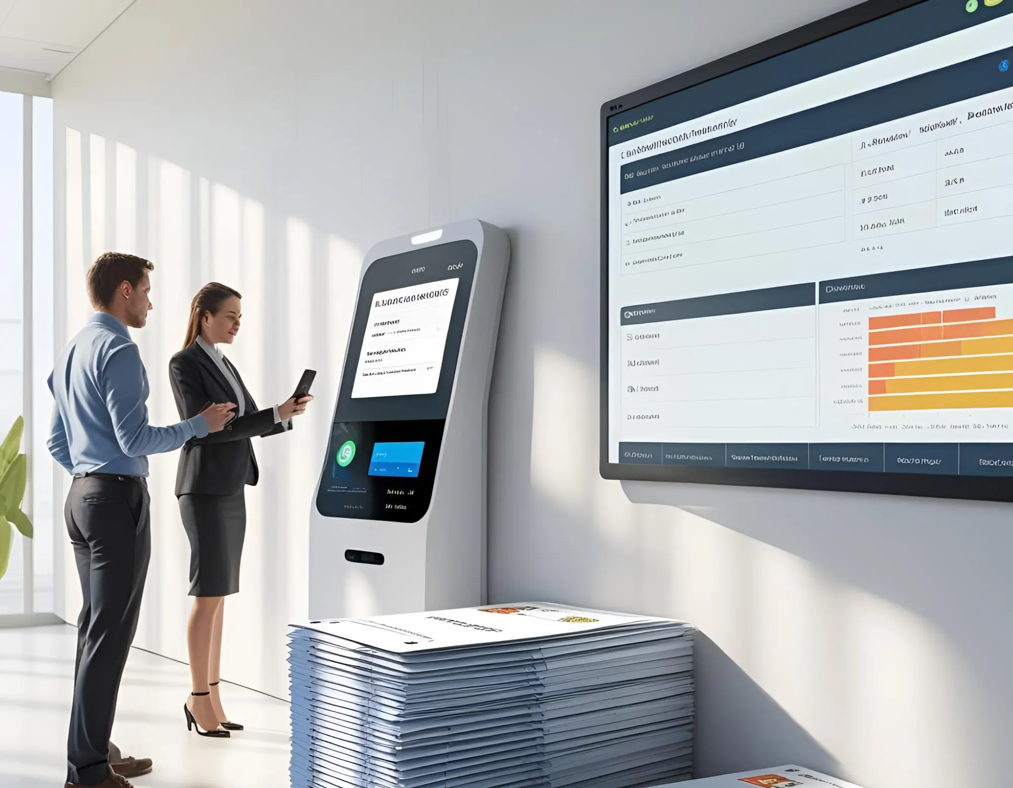 Digital visitor management system at office reception with mobile pre-registration, self-check-in kiosk, and automated badge printing for streamlined operation