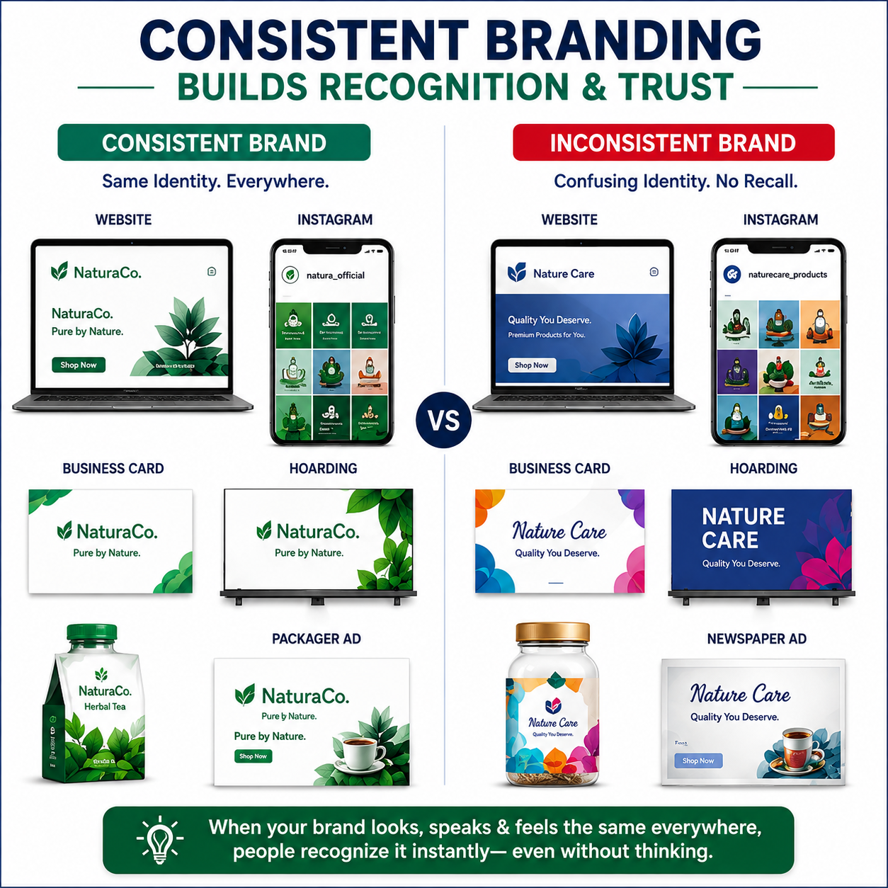Consistent brand colors used across website social media advertising and marketing materials